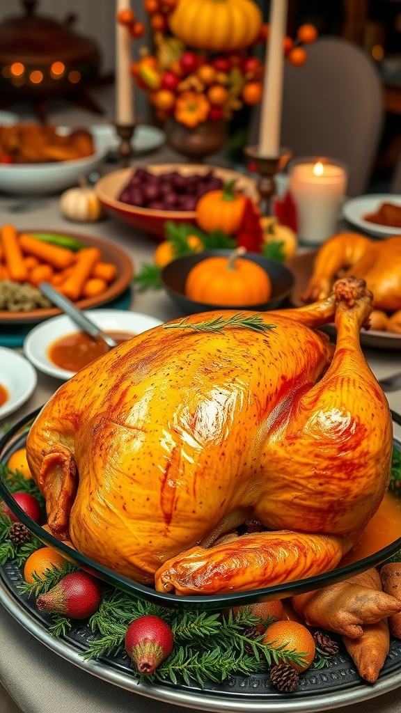 A golden-brown roasted turkey on a platter with herbs, set on a festive dining table.
